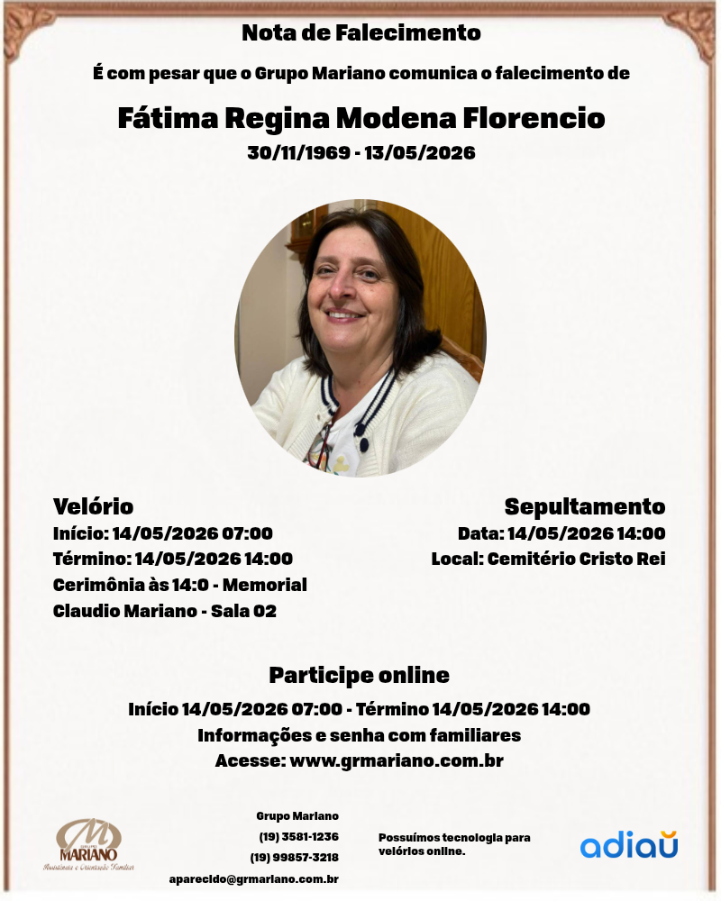 Fátima Regina Modena Florencio (Fátima da casa de móveis N. Sra de Fatima/espôsa do Cecil)